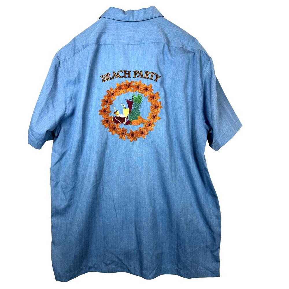 Caribbean Joe Men's M Blue Short Sleeve Button Up Shirt Beach Party Embroidery